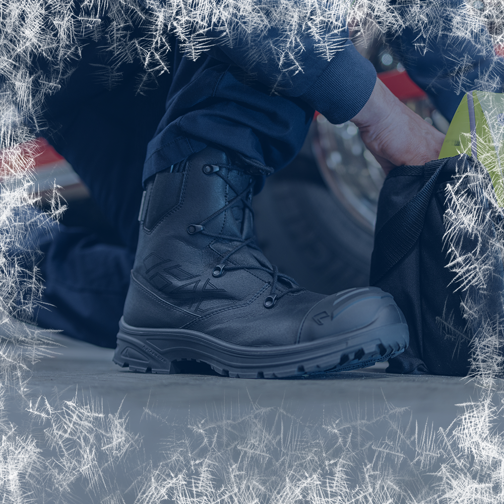 Safety Toe Boots category featuring black Rescue Xtreme composite toe boots in a fire station with a frost border effect.